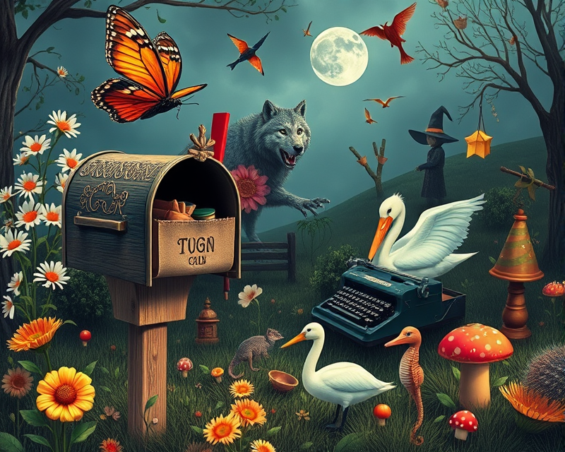 flower, mailbox, marshmallow, butterfly, napkin, alien, scarecrow, typewriter, wolf, pelican, swan, seahorse, witch, lamp, apple, tennis, kangaroo, pencil, fire hydrant, porcupine, mushroom, kite